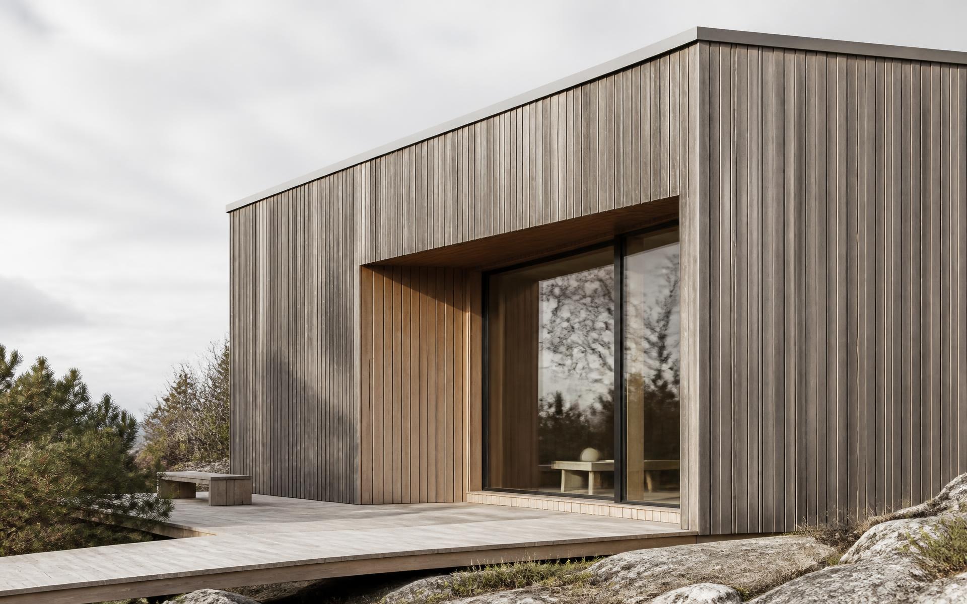 Silvered vertical timber cladding on a minimal Scandinavian house